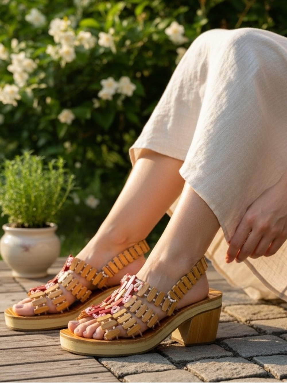 Woven Bamboo Platform Sandals with Red Accents